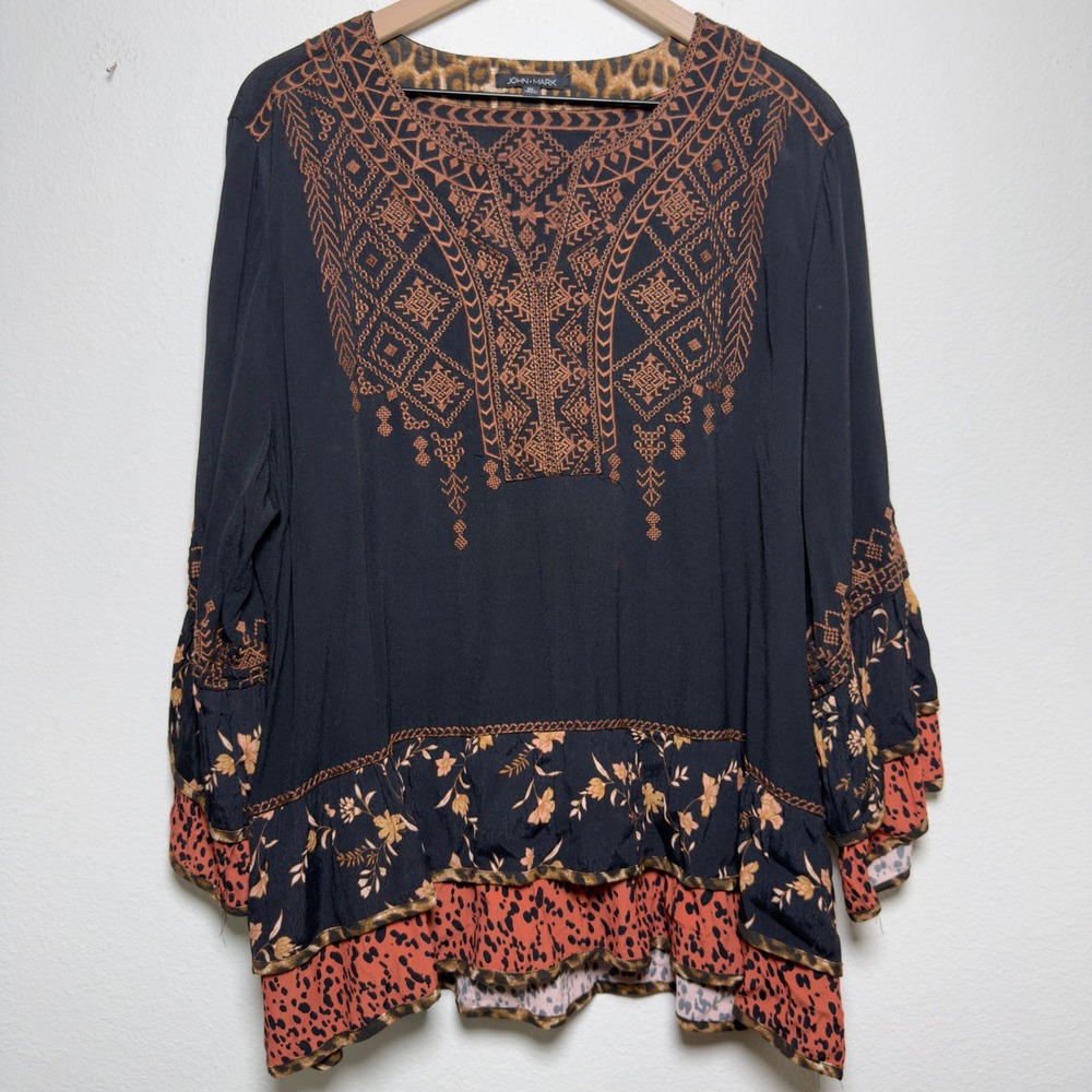 John Mark Women Top XL Black Embroidered Tiered Mixed Print Bell Sleeve Boho